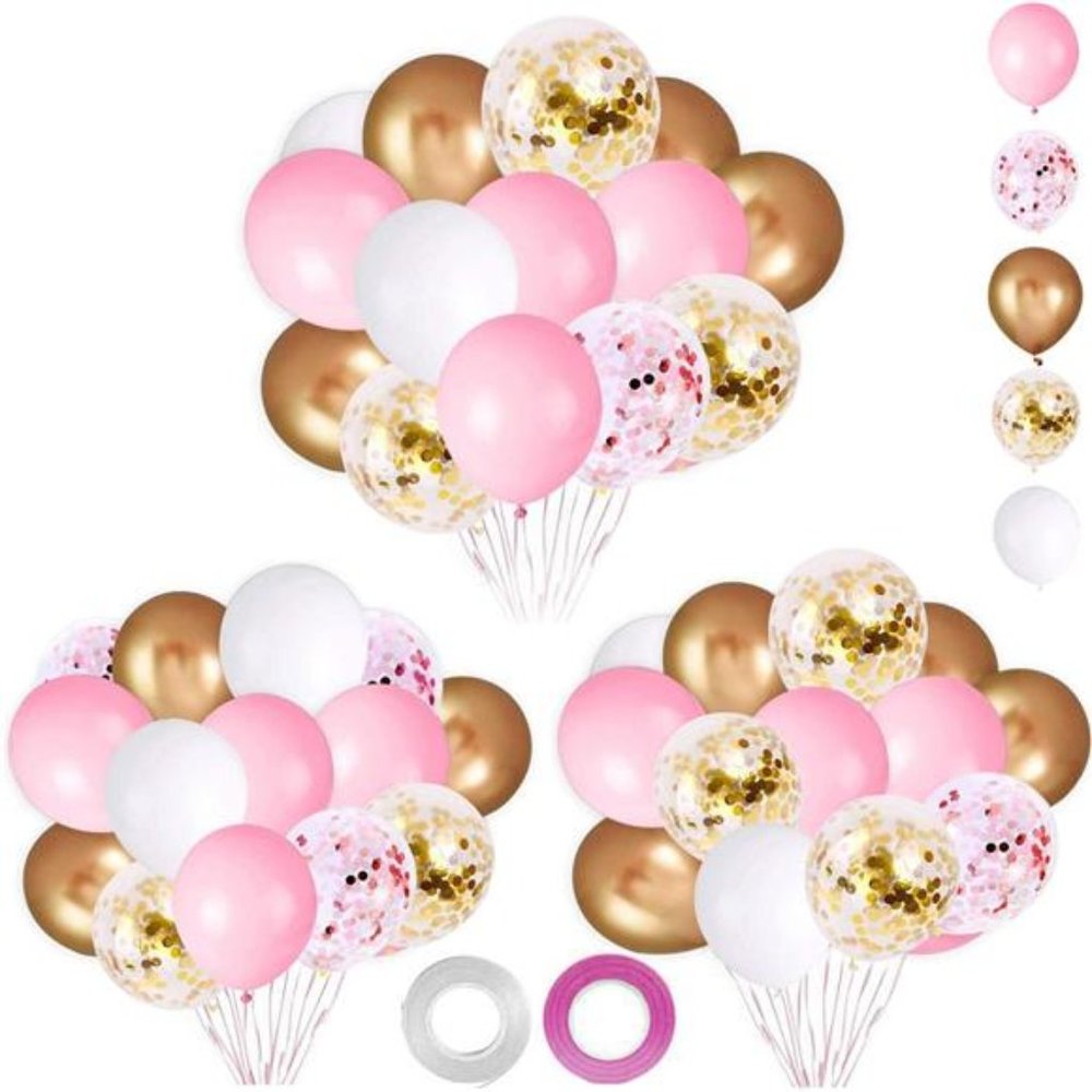 62Pcs Pink Gold Confetti LatexBalloons Kit,12Inch Pink White Gold Helium Balloon
